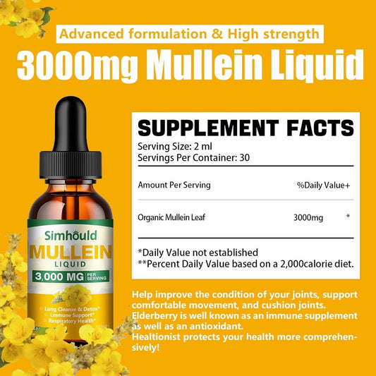 2 Pack Mullein Tincture - 3000mg Organic Mullein Leaf Extract for Lung Detoxification and Respiratory Lung Health, Natural Supplement, Digestive Support and Immune Booster, Vegetarian, 4 oz.
