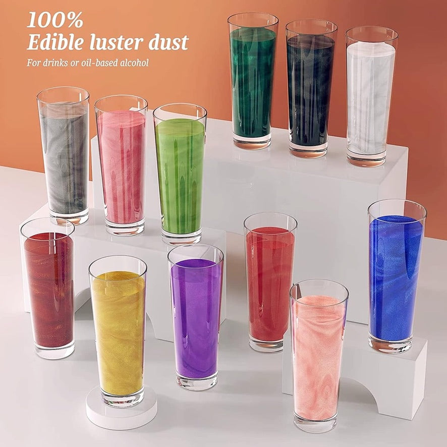 16 Color Luster Dust Edible Glitter Set for Drinks, Cakes Decorations, Painting, Edible Shimmer Glitter Dust for Drinks, 15 Luster Dust + Iridescent Prism Powder Edible Gllitter, Vegan