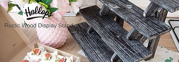Hallops Rustic Cupcake Stand - Wooden Retail Table Display. Wood Cake Stand Display Table. Product, Food, Dessert, Pastry, Cookie, Merchandise, Market, Donut, Craft Show Tabletop Riser - Black