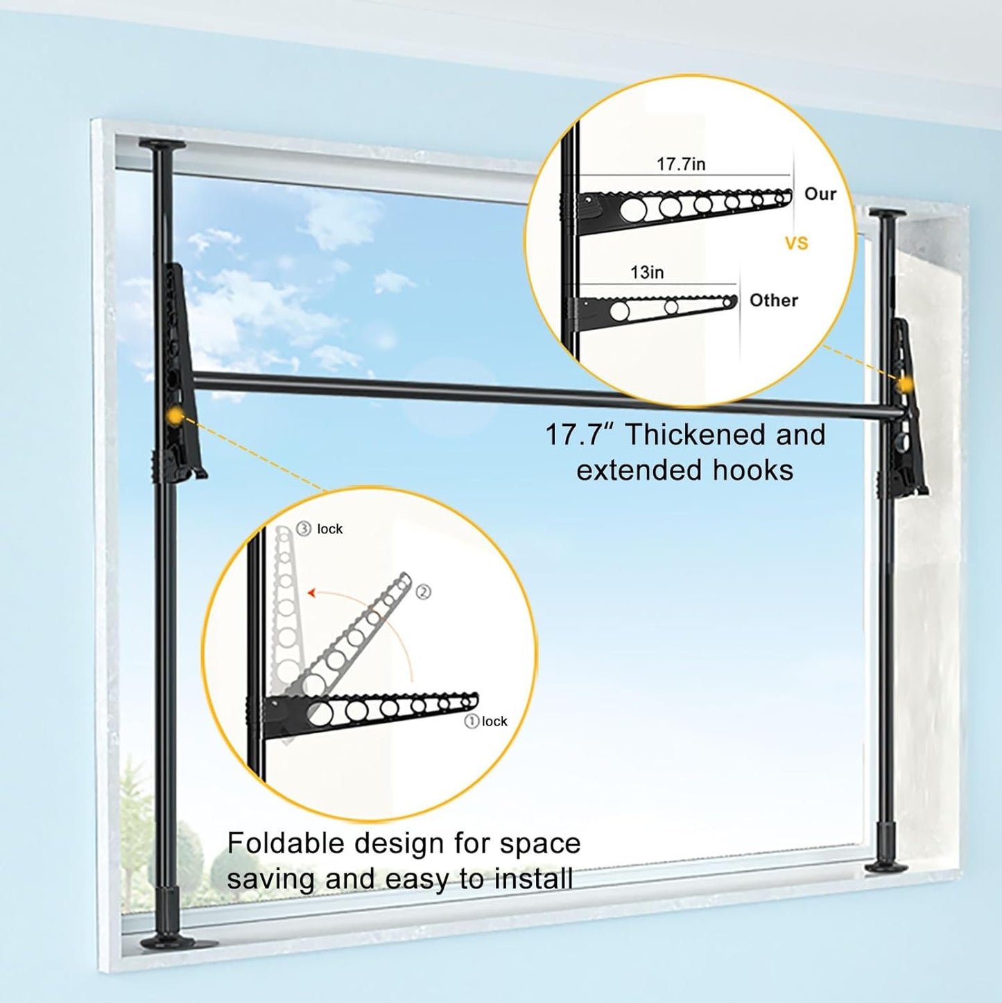 Clothes Drying Rack for Laundry, Folding and Collapsible Window Wall Mount Clothing Hanger Laundry Dryer, Space Saving Hanging Organizer for Balcony, Bathroom