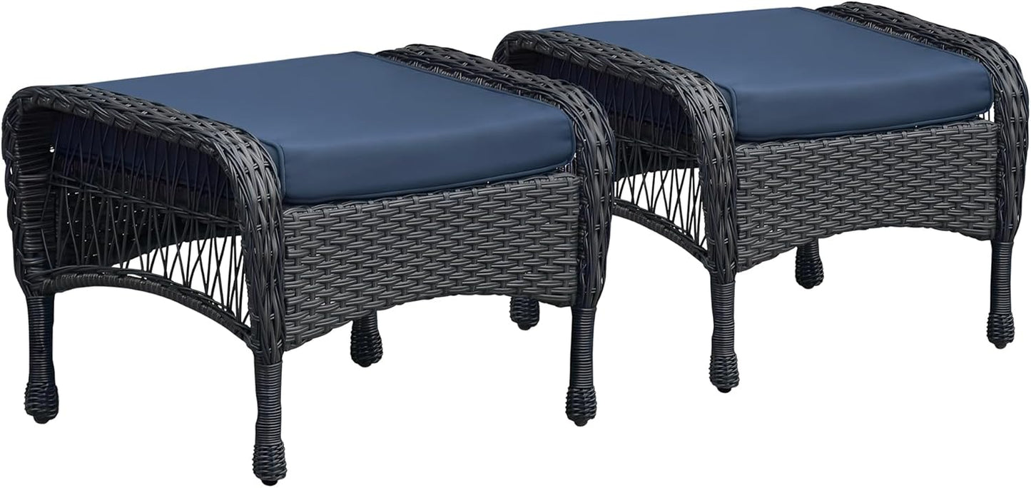 Set of 2 Wicker Ottomans, Outdoor Wicker Footstool with Soft Zippered Cushions, 3-in-1 Function Footrest Seat & Side Table for Patio, Backyard, Balcony, Poolside (Navy Blue)