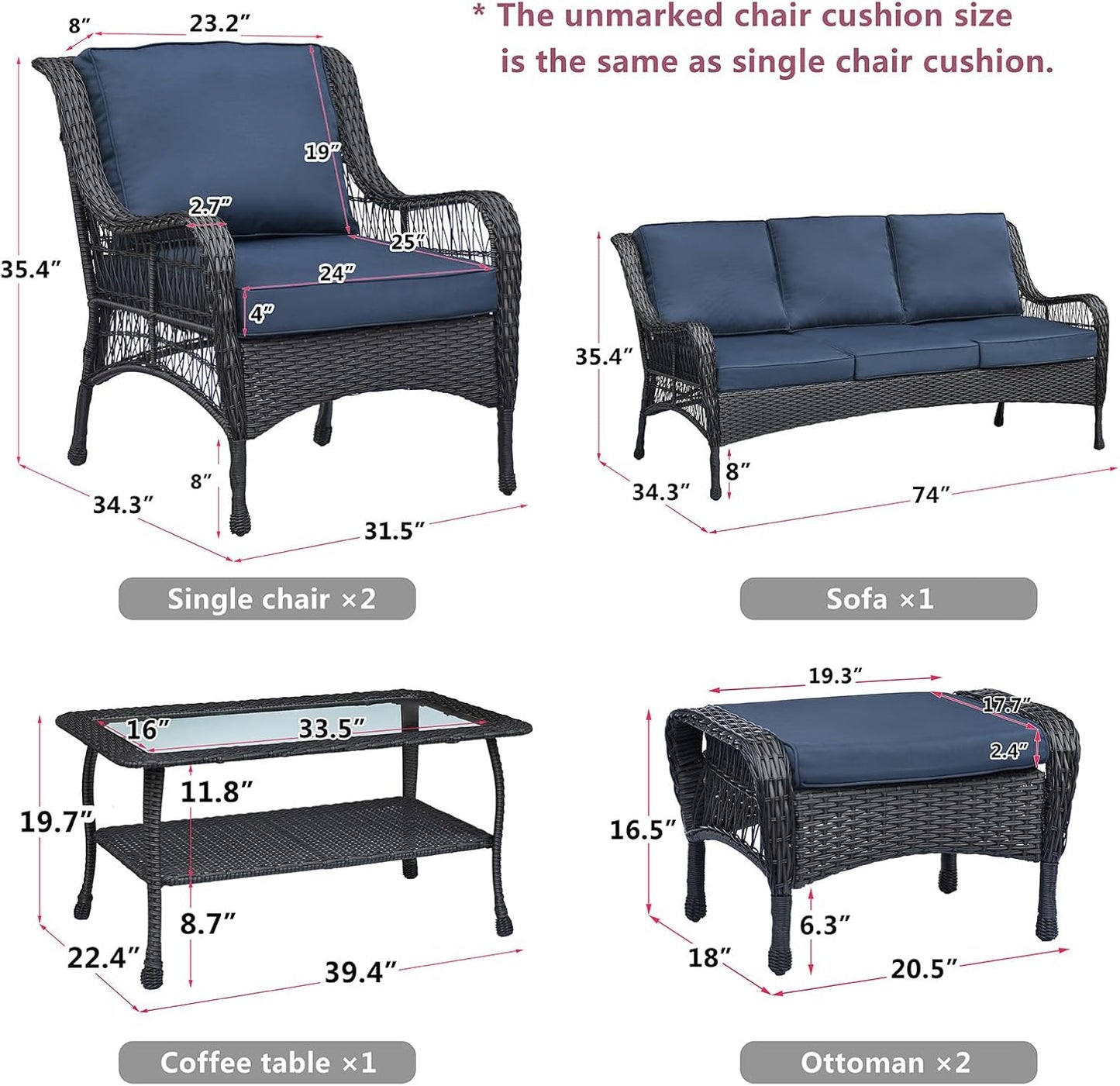 Set of 2 Wicker Ottomans, Outdoor Wicker Footstool with Soft Zippered Cushions, 3-in-1 Function Footrest Seat & Side Table for Patio, Backyard, Balcony, Poolside (Navy Blue)