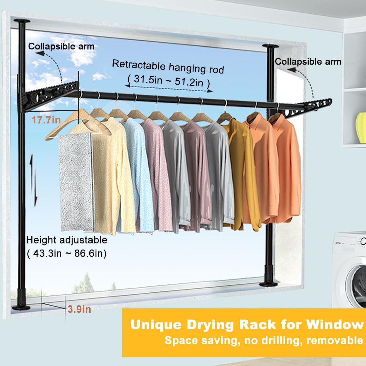 Clothes Drying Rack for Laundry, Folding and Collapsible Window Wall Mount Clothing Hanger Laundry Dryer, Space Saving Hanging Organizer for Balcony, Bathroom