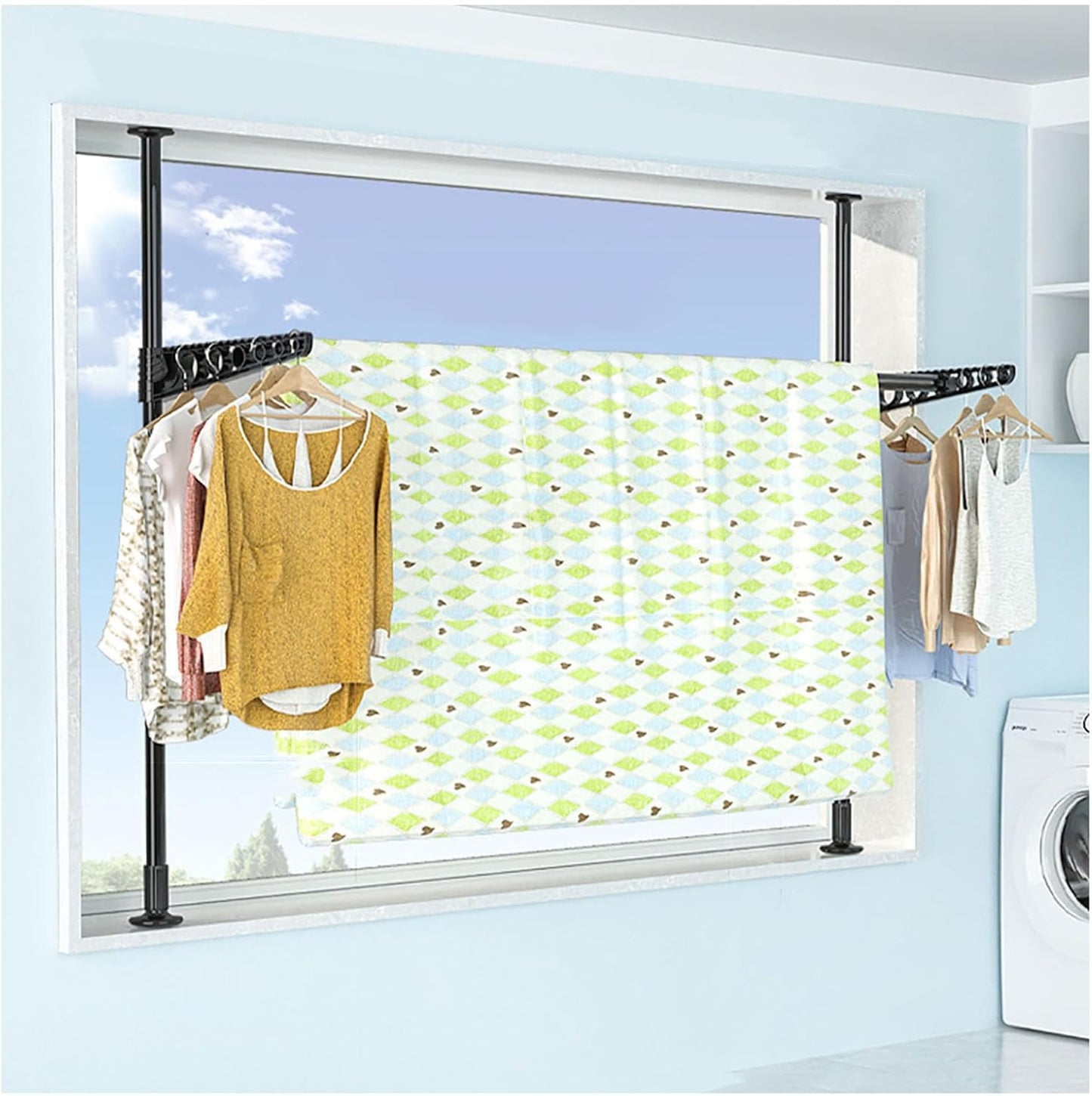 Clothes Drying Rack for Laundry, Folding and Collapsible Window Wall Mount Clothing Hanger Laundry Dryer, Space Saving Hanging Organizer for Balcony, Bathroom