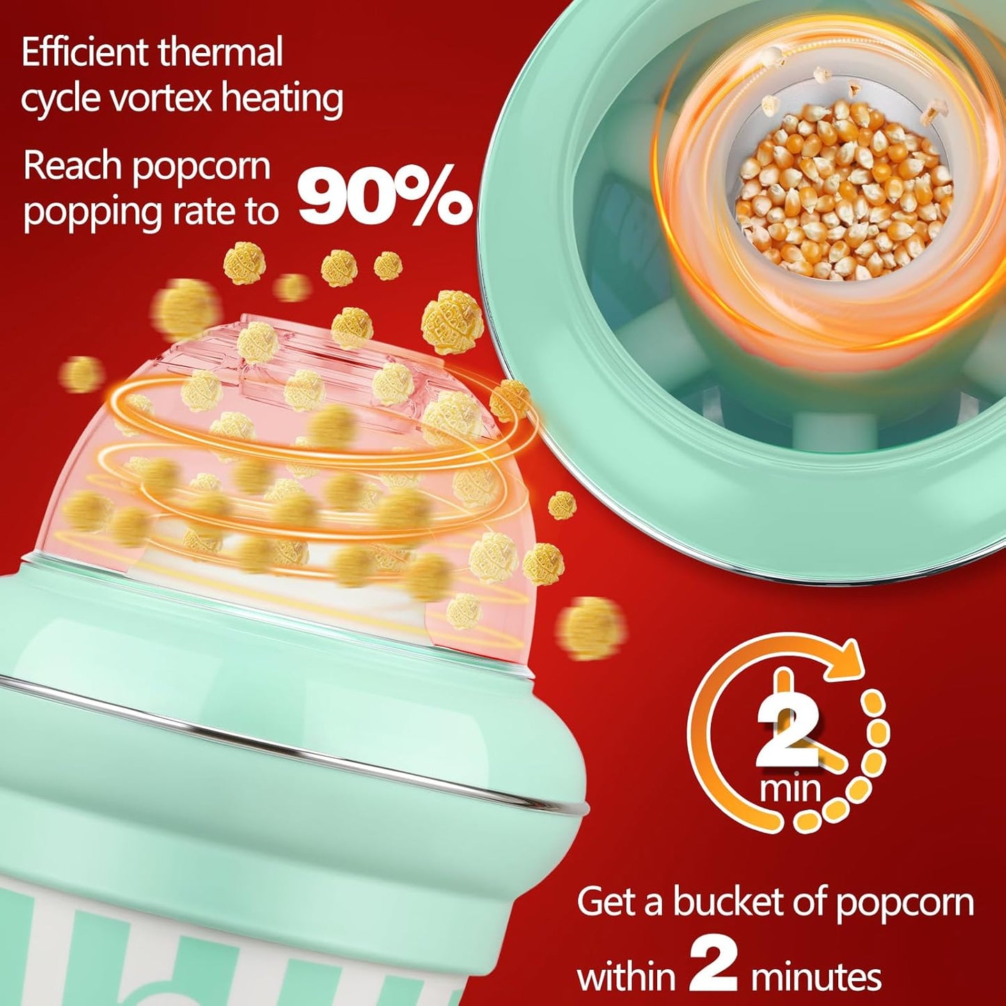 Popcorn Machine Hot Air Popcorn Maker No Oil, High Popping Rate, 5.3 Quart Quarts 1100w 2 Min Fast Popping Air Popper with Butter Melter, BPA-Free, Popcorn Poppers for Home (Green)