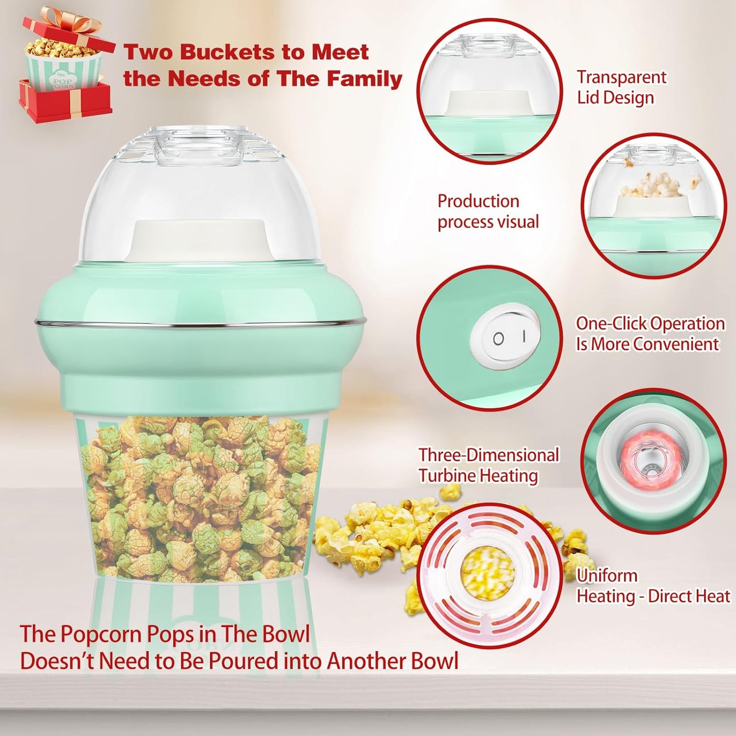 Popcorn Machine Hot Air Popcorn Maker No Oil, High Popping Rate, 5.3 Quart Quarts 1100w 2 Min Fast Popping Air Popper with Butter Melter, BPA-Free, Popcorn Poppers for Home (Green)