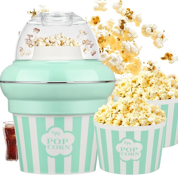 Popcorn Machine Hot Air Popcorn Maker No Oil, High Popping Rate, 5.3 Quart Quarts 1100w 2 Min Fast Popping Air Popper with Butter Melter, BPA-Free, Popcorn Poppers for Home (Green)