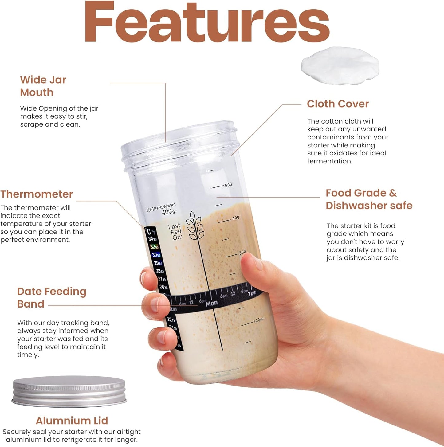 Sourdough Starter Kit - Easy to Use & Clean Sourdough Starter Jar, BPA-Free & Reusable Sourdough Jar, Sourdough Starter Jar Glass with Aluminum Lid - Sourdough Bread Starter Kit