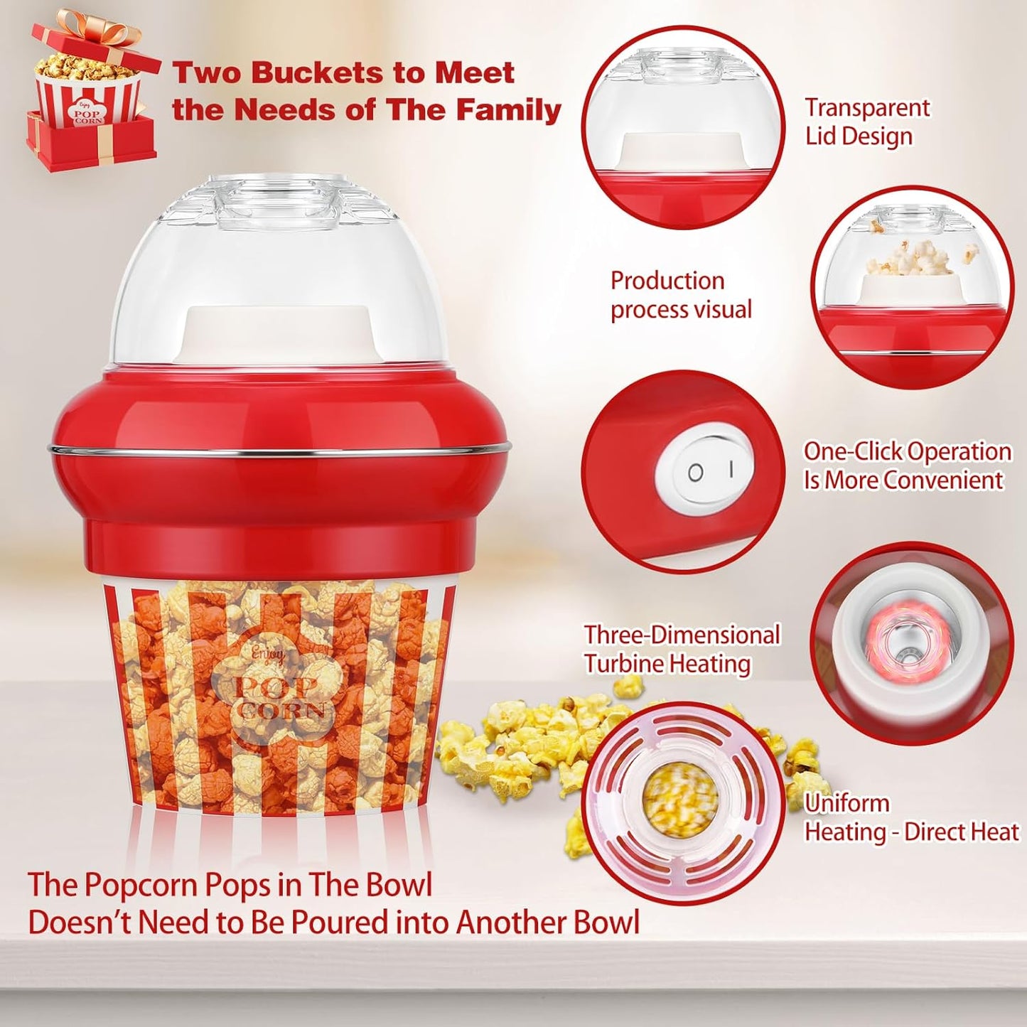 Popcorn Machine Hot Air Popcorn Maker No Oil, High Popping Rate, 5.3 Quart Quarts 1100w 2 Min Fast Popping Air Popper with Butter Melter, BPA-Free, Popcorn Poppers for Home (Green)