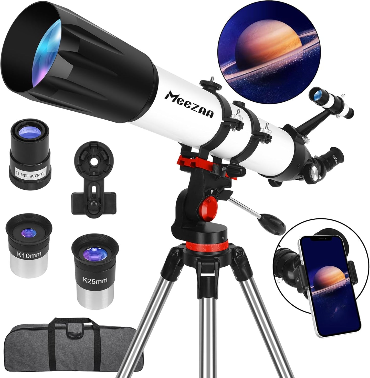 MEEZAA Telescope, Telescope for Adults High Powered Professional, 90mm Aperture 800mm Refractor Telescope for Astronomy Beginners Fully Multi-Coated with AZ Mount Tripod & Phone Adapter & Carry Bag