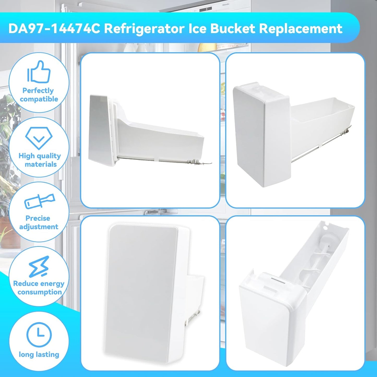 Upgraded DA97-14474A DA97-14474C-Refrigerator-Ice-Bucket-Tray-Assembly Replace AP6034185, DA97-12604D, DA97-21040A,Fit for Samsung RF25, RF26, RF28, RF263, RF265 Some Refrigerator Not Fit All