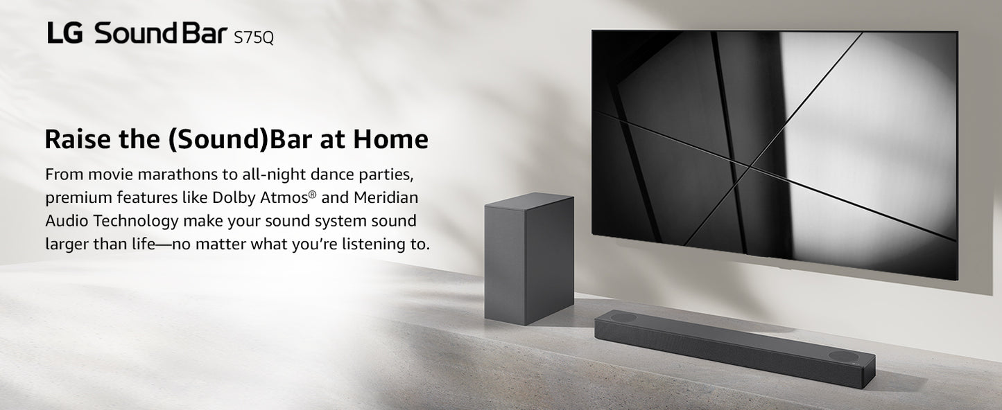 LG S75Q 3.1.2ch Sound bar with Dolby Atmos DTS:X, High-Res Audio, Synergy TV, Meridian, HDMI eARC, 4K Pass Thru with Dolby Vision Black