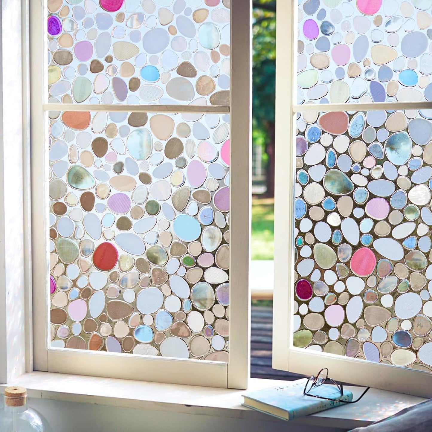Viseeko Stained Glass Window Privacy Film:3D Pebble Decorative Rainbow Film Easy Install Colored Window Cling Non-Adhesive UV Protection 35.4x157inch