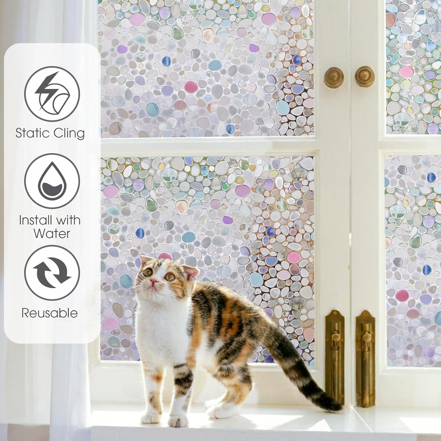 Viseeko Stained Glass Window Privacy Film:3D Pebble Decorative Rainbow Film Easy Install Colored Window Cling Non-Adhesive UV Protection 35.4x78.7inch