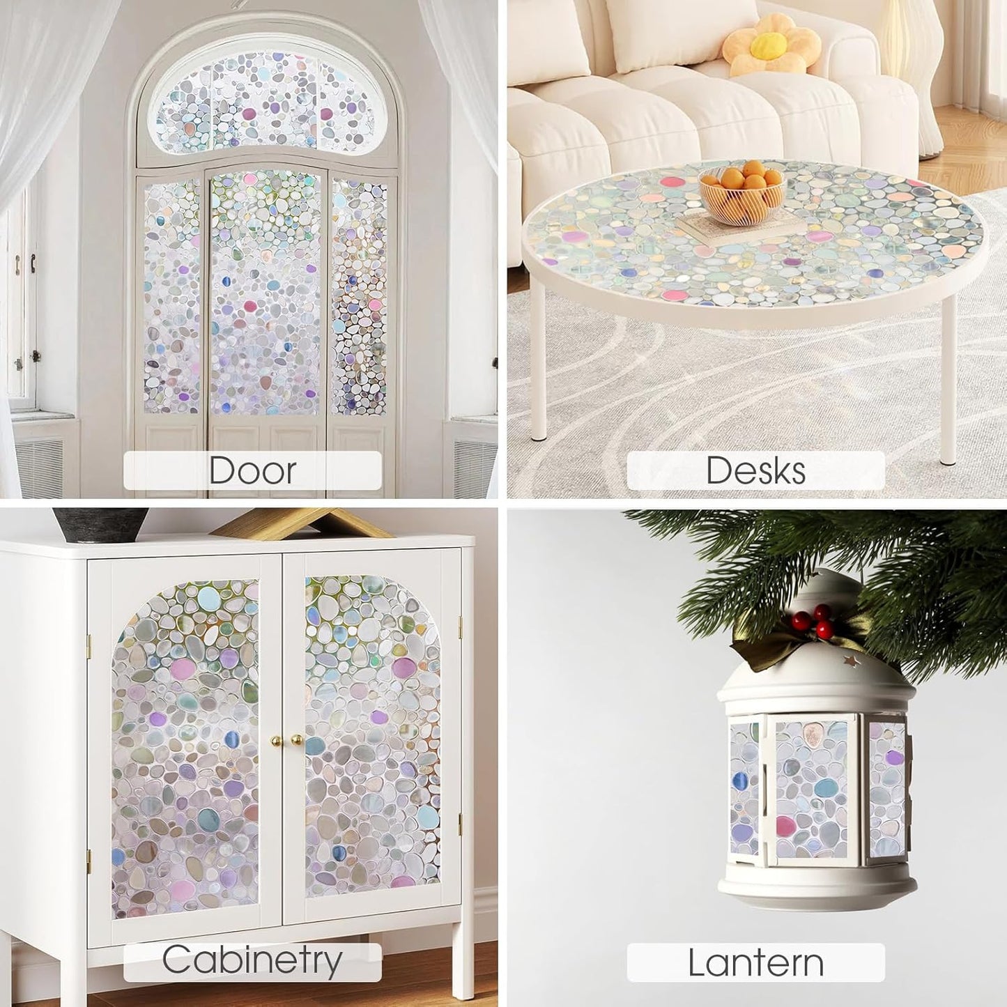 Viseeko Stained Glass Window Privacy Film:3D Pebble Decorative Rainbow Film Easy Install Colored Window Cling Non-Adhesive UV Protection 35.4x157inch