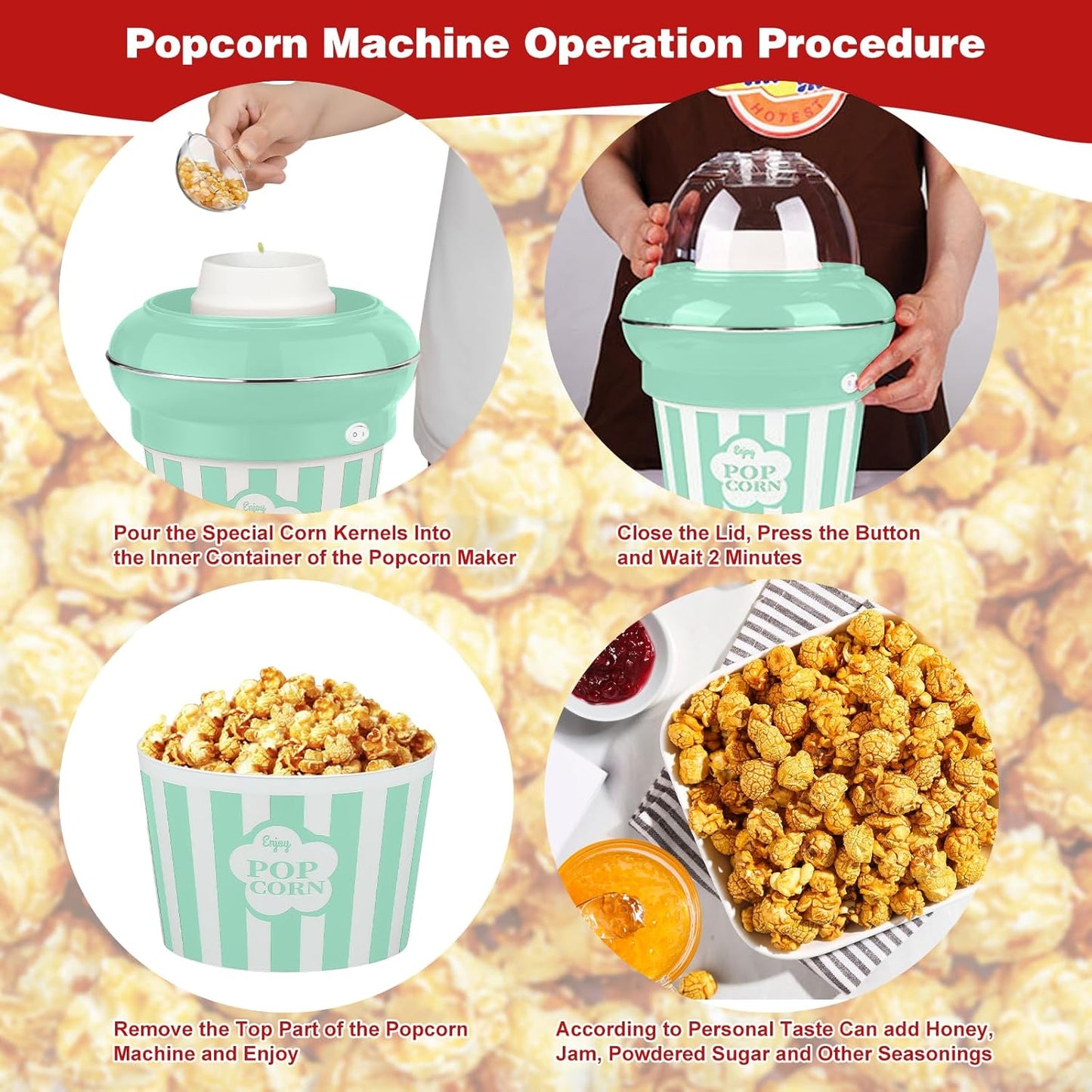 Popcorn Machine Hot Air Popcorn Maker No Oil, High Popping Rate, 5.3 Quart Quarts 1100w 2 Min Fast Popping Air Popper with Butter Melter, BPA-Free, Popcorn Poppers for Home (Green)