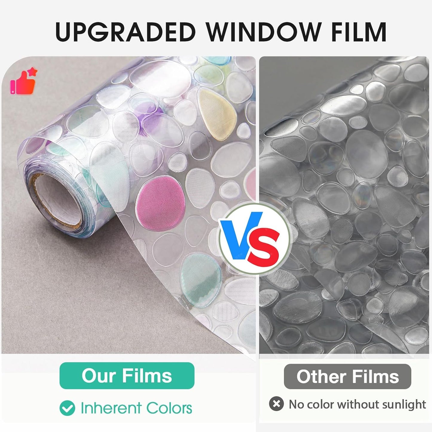 Viseeko Stained Glass Window Privacy Film:3D Pebble Decorative Rainbow Film Easy Install Colored Window Cling Non-Adhesive UV Protection 23.6X 78.7inch