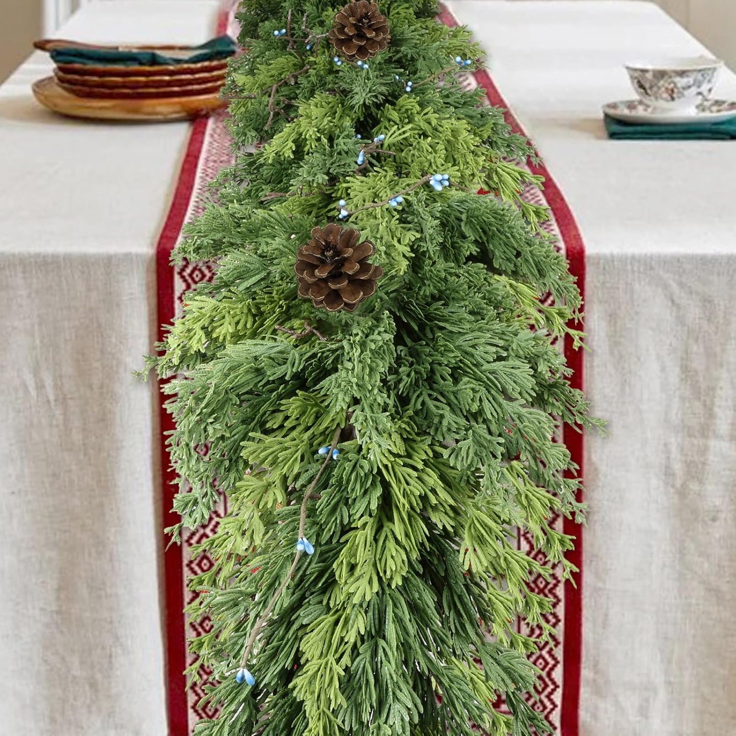 6 FT Cedar Garland - Artificial Christmas Garland with Pine Cones Berry for Christmas Decorations Holiday Seasonal Outdoor Indoor Home Decor