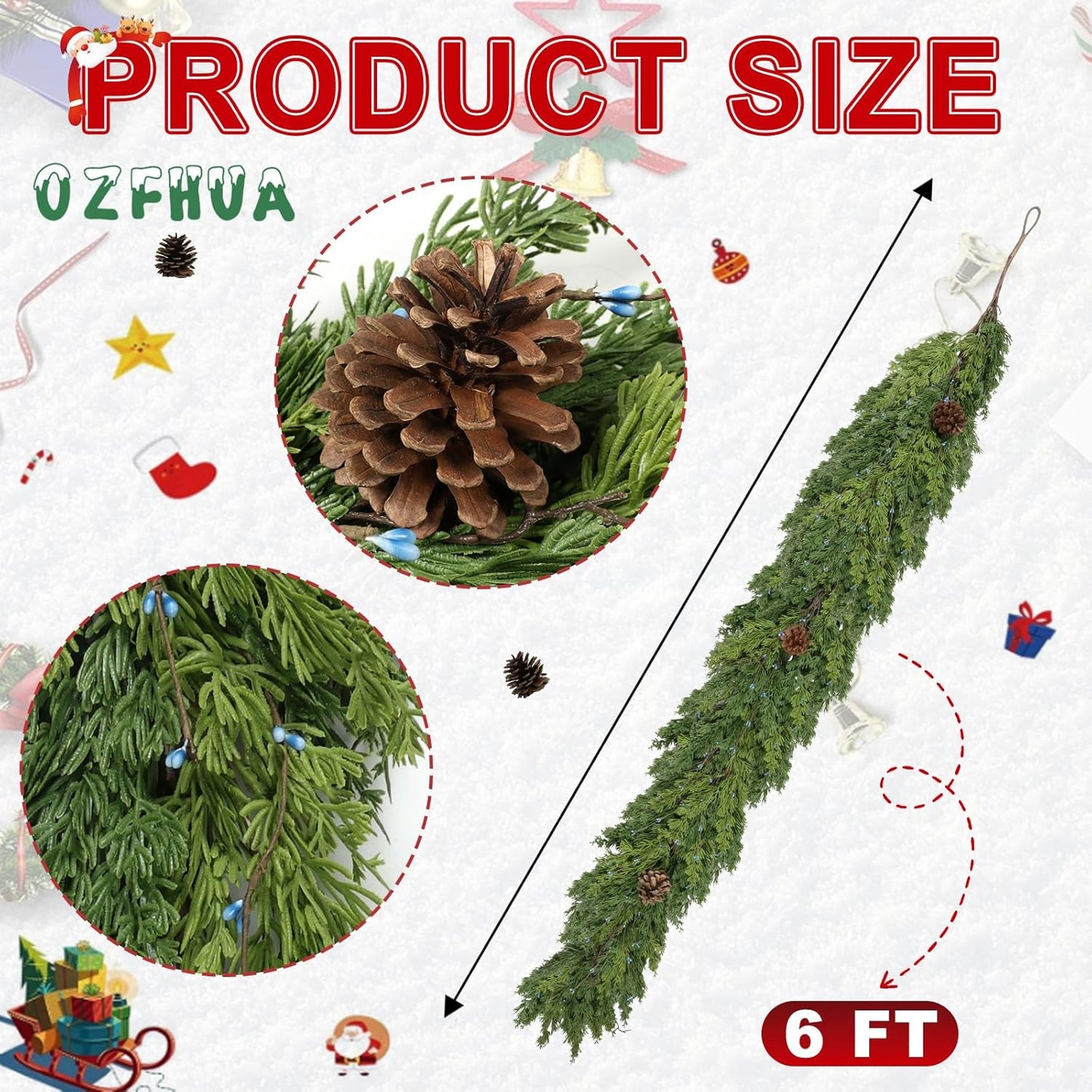 6 FT Cedar Garland - Artificial Christmas Garland with Pine Cones Berry for Christmas Decorations Holiday Seasonal Outdoor Indoor Home Decor