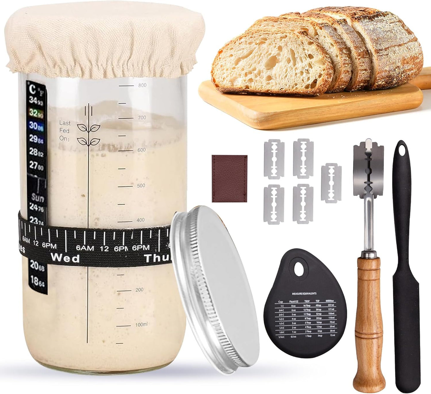 Sourdough Starter Kit - Easy to Use & Clean Sourdough Starter Jar, BPA-Free & Reusable Sourdough Jar, Sourdough Starter Jar Glass with Aluminum Lid - Sourdough Bread Starter Kit