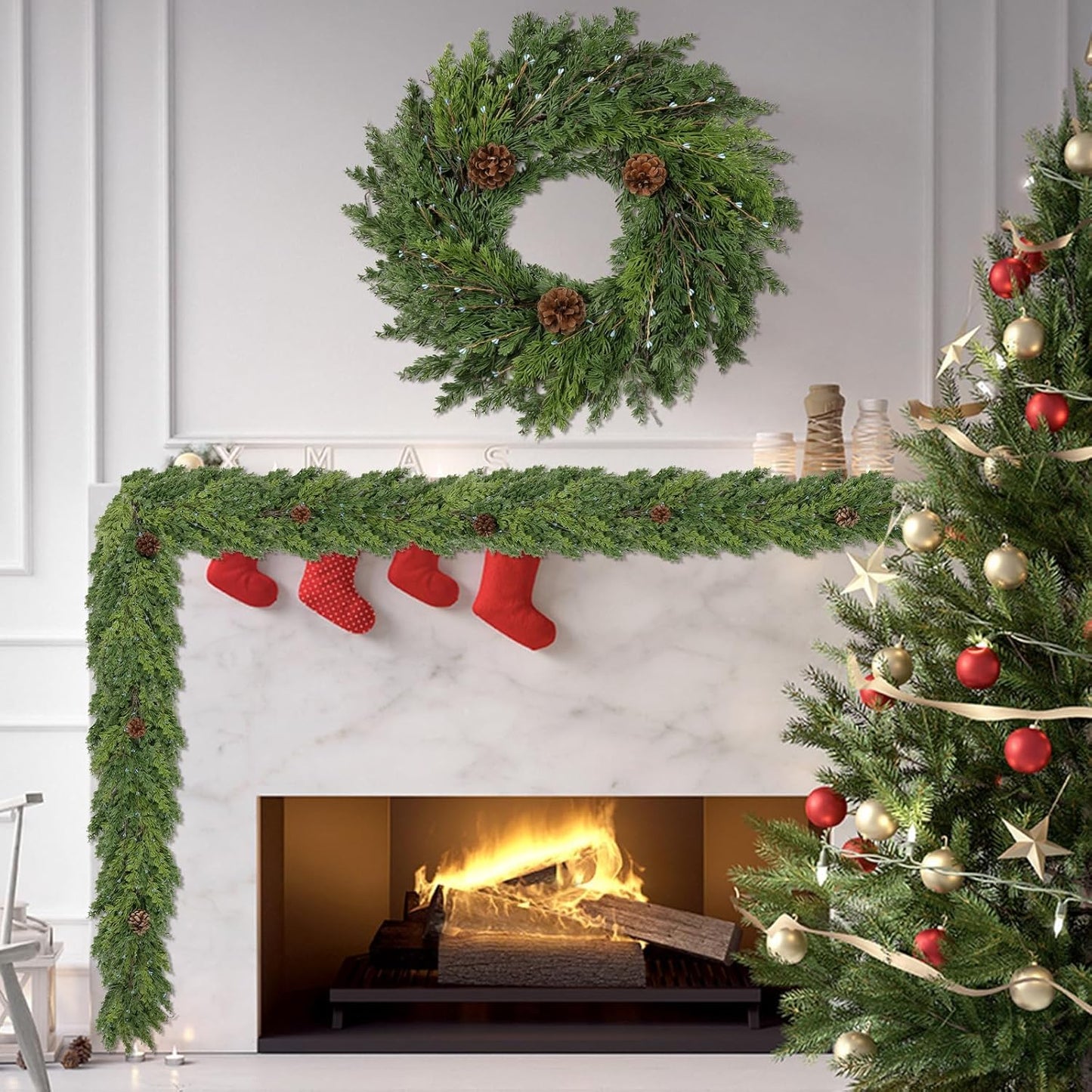 6 FT Cedar Garland - Artificial Christmas Garland with Pine Cones Berry for Christmas Decorations Holiday Seasonal Outdoor Indoor Home Decor