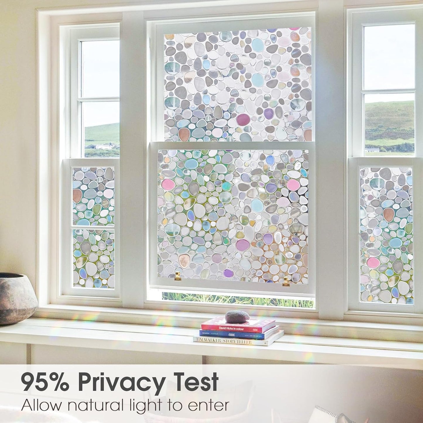 Viseeko Stained Glass Window Privacy Film:3D Pebble Decorative Rainbow Film Easy Install Colored Window Cling Non-Adhesive UV Protection 35.4x78.7inch