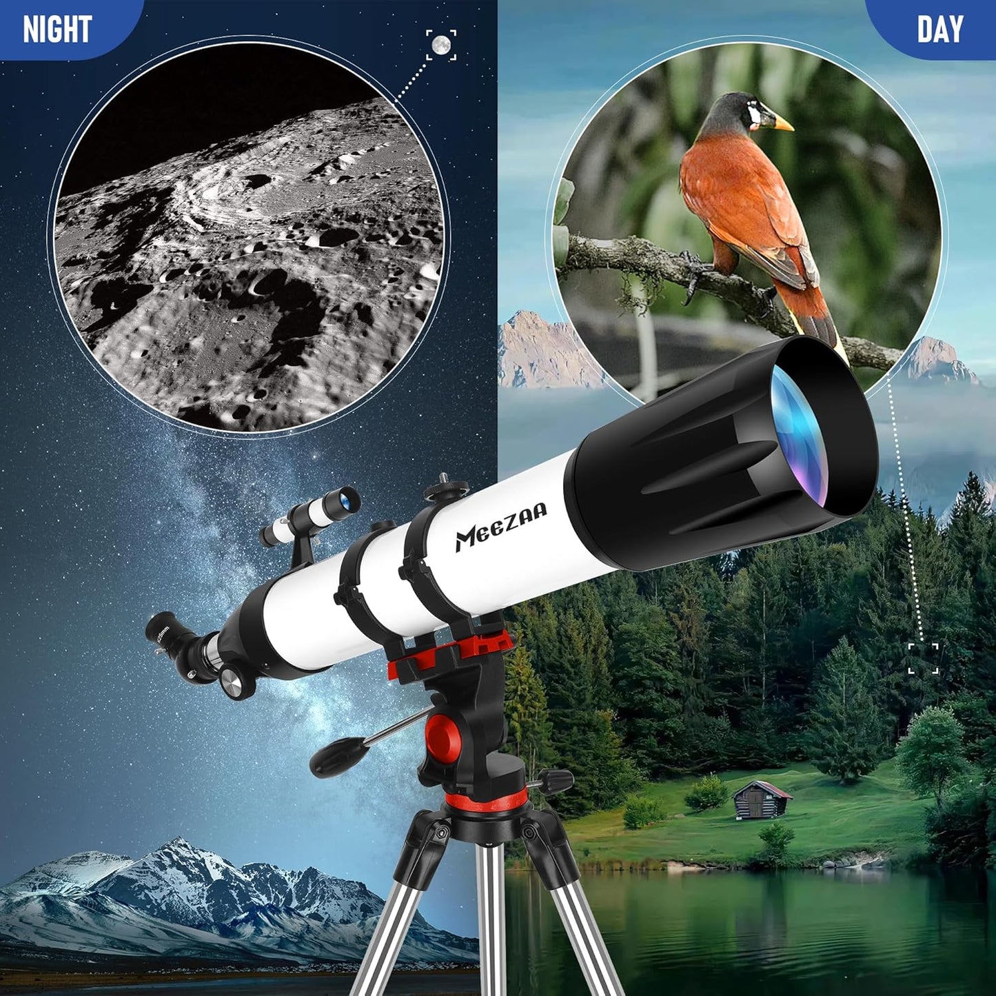 MEEZAA Telescope, Telescope for Adults High Powered Professional, 90mm Aperture 800mm Refractor Telescope for Astronomy Beginners Fully Multi-Coated with AZ Mount Tripod & Phone Adapter & Carry Bag