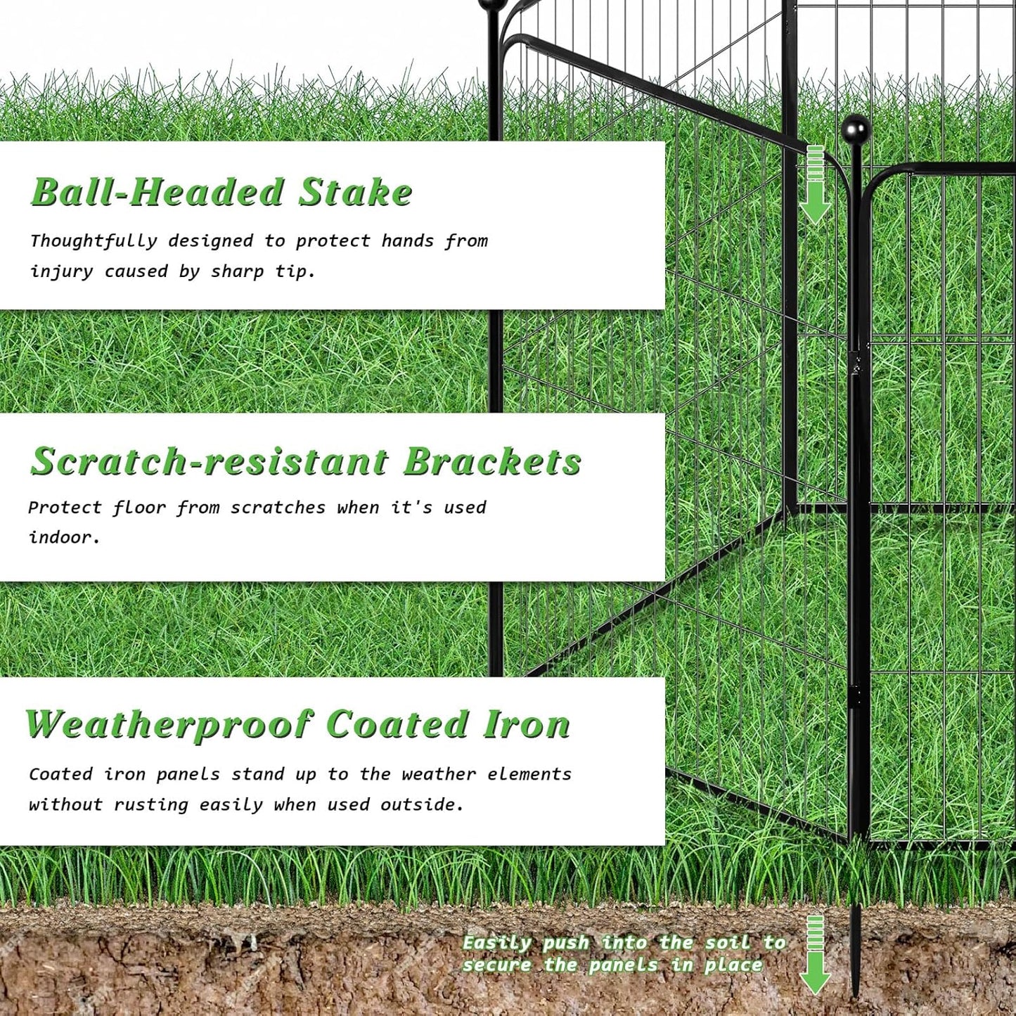 Decorative Garden Metal Fence, 32in(H)×11.5ft(L) Heavy Duty Iron Animal Barrier Fence, Dog Fencing Panels Outdoor, Yard (5 Panels+6 Stakes)