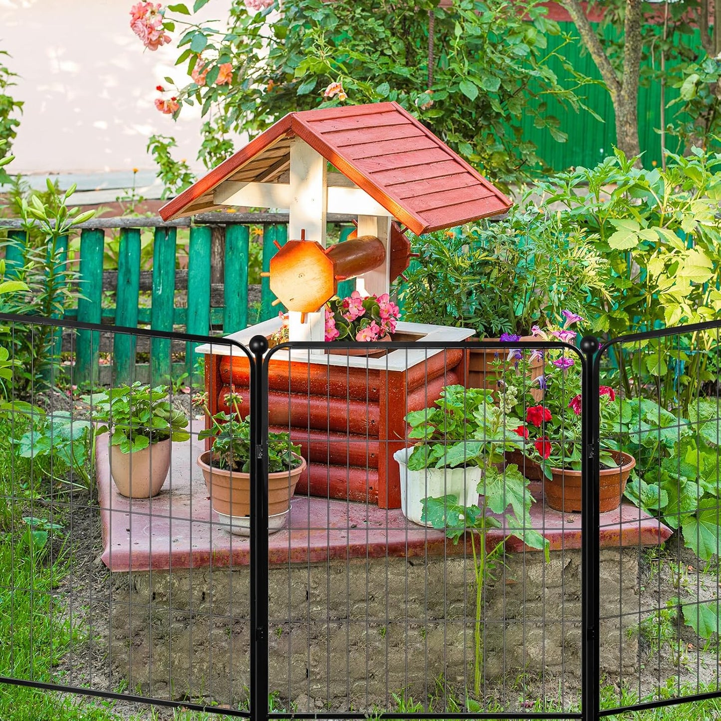 Decorative Garden Metal Fence, 32in(H)×11.5ft(L) Heavy Duty Iron Animal Barrier Fence, Dog Fencing Panels Outdoor, Yard (5 Panels+6 Stakes)