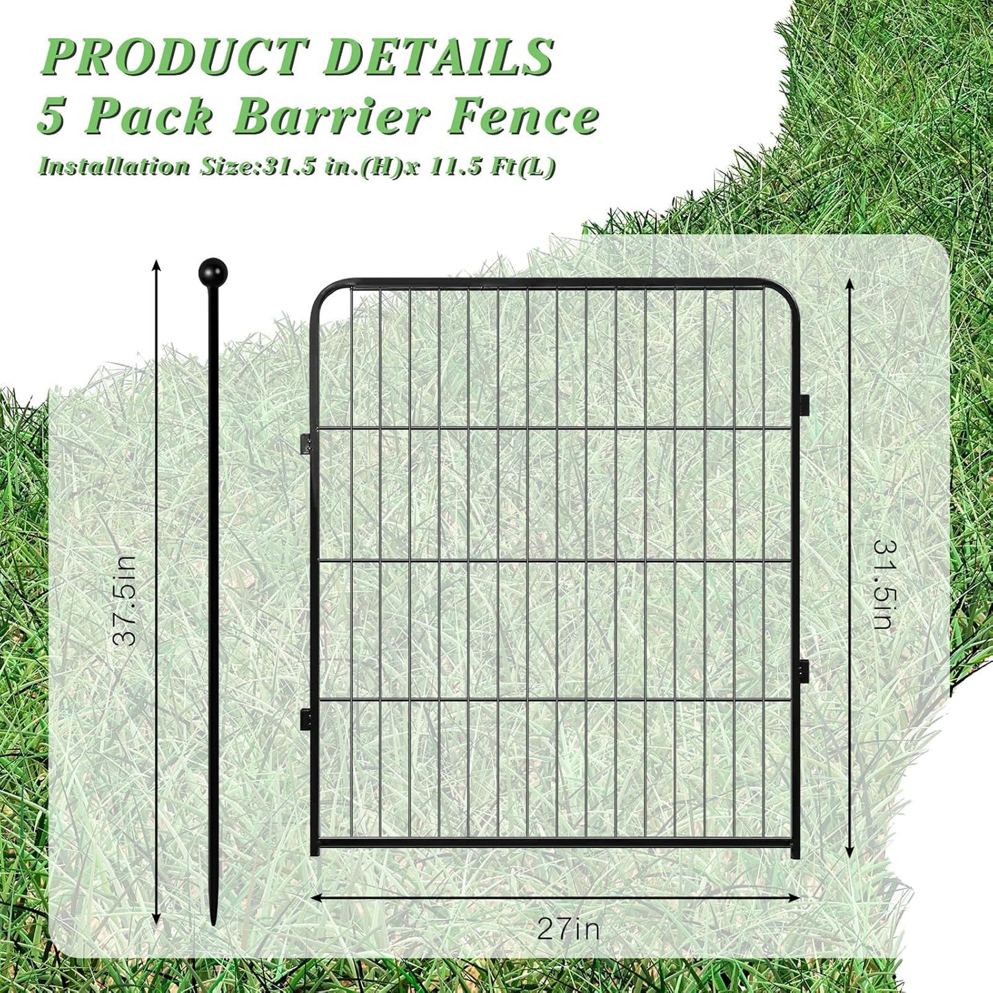 Decorative Garden Metal Fence, 32in(H)×11.5ft(L) Heavy Duty Iron Animal Barrier Fence, Dog Fencing Panels Outdoor, Yard (5 Panels+6 Stakes)
