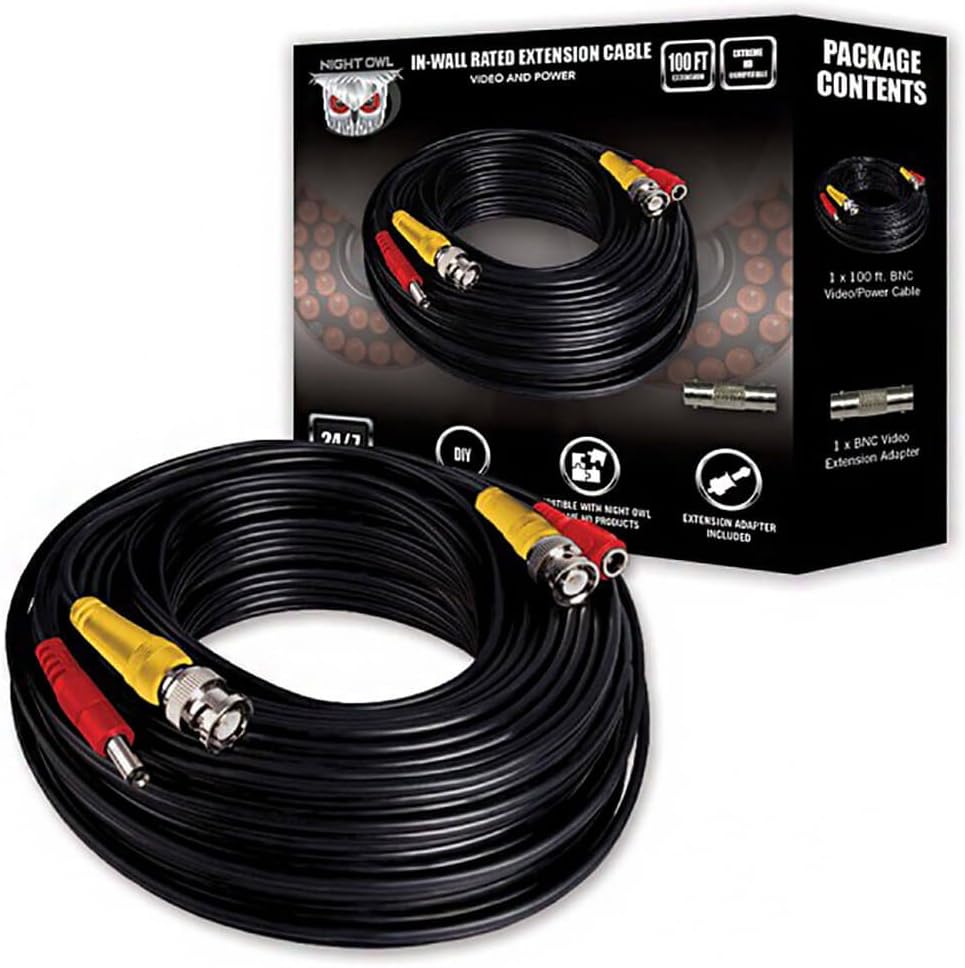 Night Owl in-Wall Rated 100' BNC/RCA Extension Cable, Black (CAB-UL2-100VP