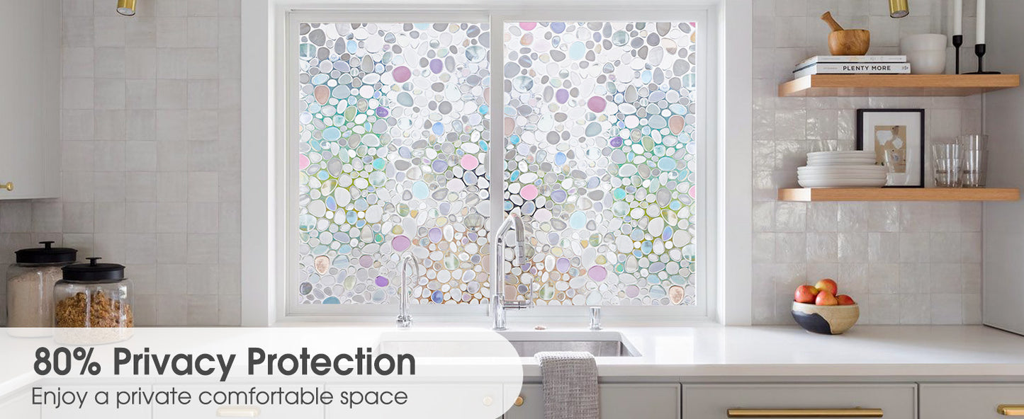 Viseeko Stained Glass Window Privacy Film:3D Pebble Decorative Rainbow Film Easy Install Colored Window Cling Non-Adhesive UV Protection 23.6X 78.7inch