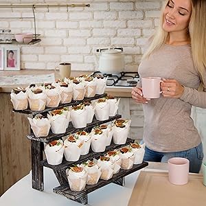 Hallops Rustic Cupcake Stand - Wooden Retail Table Display. Wood Cake Stand Display Table. Product, Food, Dessert, Pastry, Cookie, Merchandise, Market, Donut, Craft Show Tabletop Riser - Black