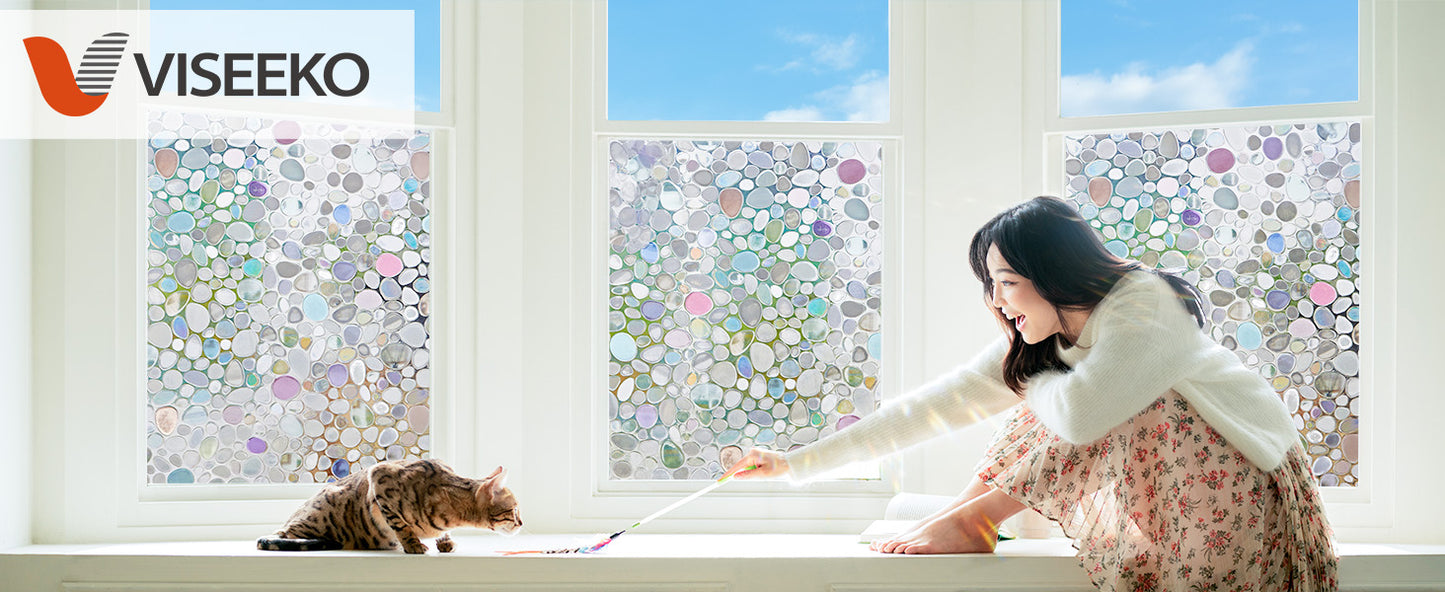 Viseeko Stained Glass Window Privacy Film：3D Pebble Decorative Rainbow Film Easy Install Colored Window Cling Non-Adhesive UV Protection 35.4x157inch