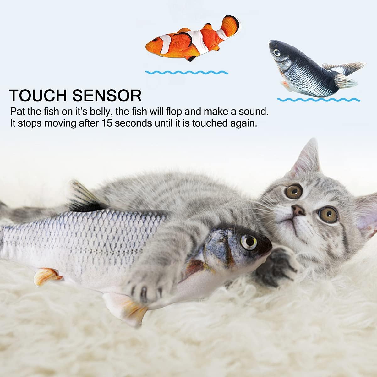Interactive Cat Toys Flopping Fish with Catnip, Moving Cat Toys for Indoor Cats 2Pack, 11" Electric Automatic Kitten Kicker Exercise Toy, Wiggle SilverVine Floppy Fish for Small Dogs, Kitten