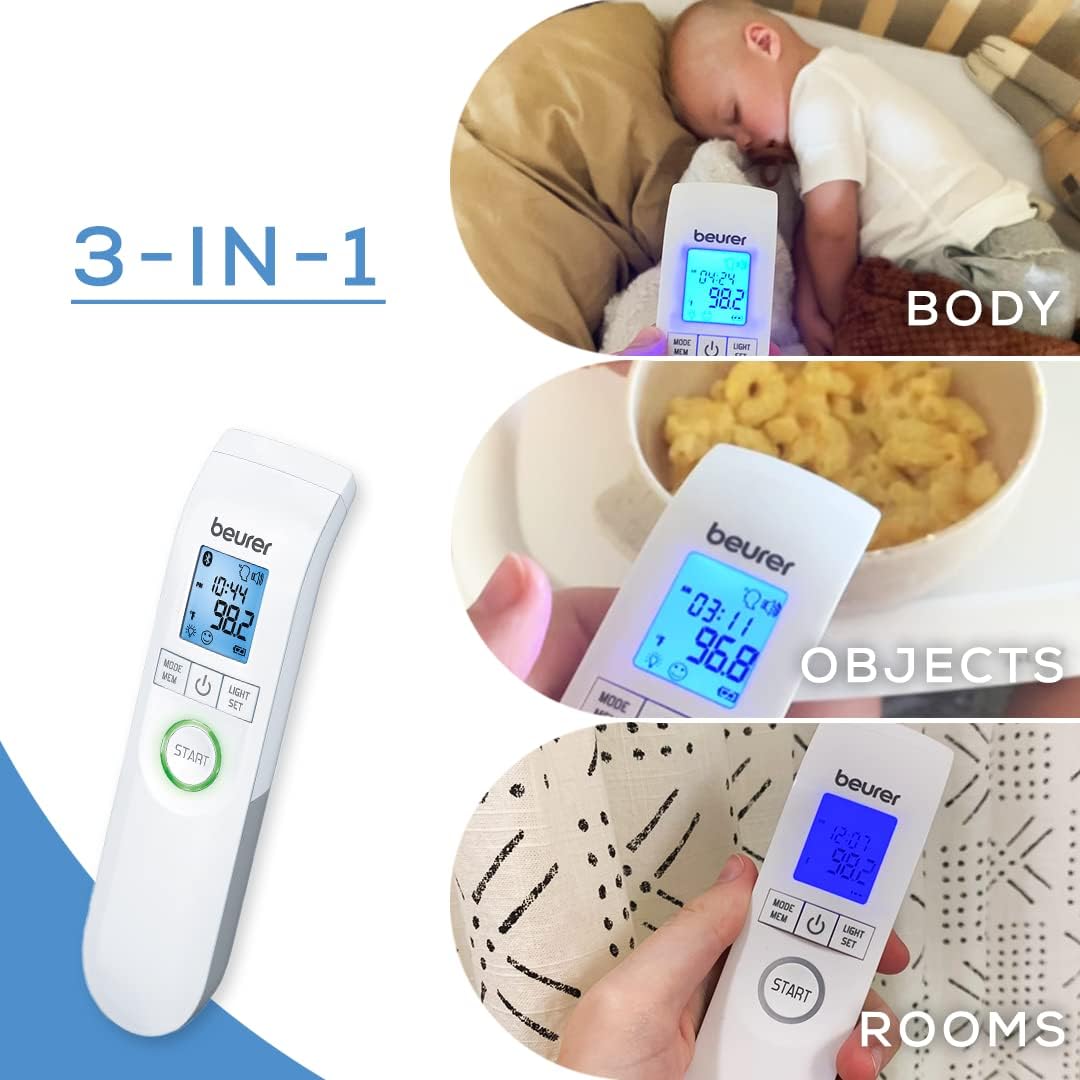 Beurer Bluetooth Non-Contact Thermometer, Forehead, Object, Room Temperature, High Accuracy, XL Blue Illuminated Display, 60 Memory Spaces, White,1 Count (Pack of 1),FT95