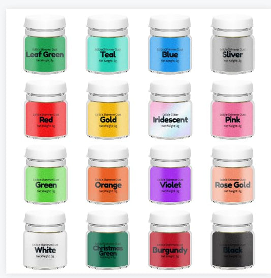 16 Color Luster Dust Edible Glitter Set for Drinks, Cakes Decorations, Painting, Edible Shimmer Glitter Dust for Drinks, 15 Luster Dust + Iridescent Prism Powder Edible Gllitter, Vegan