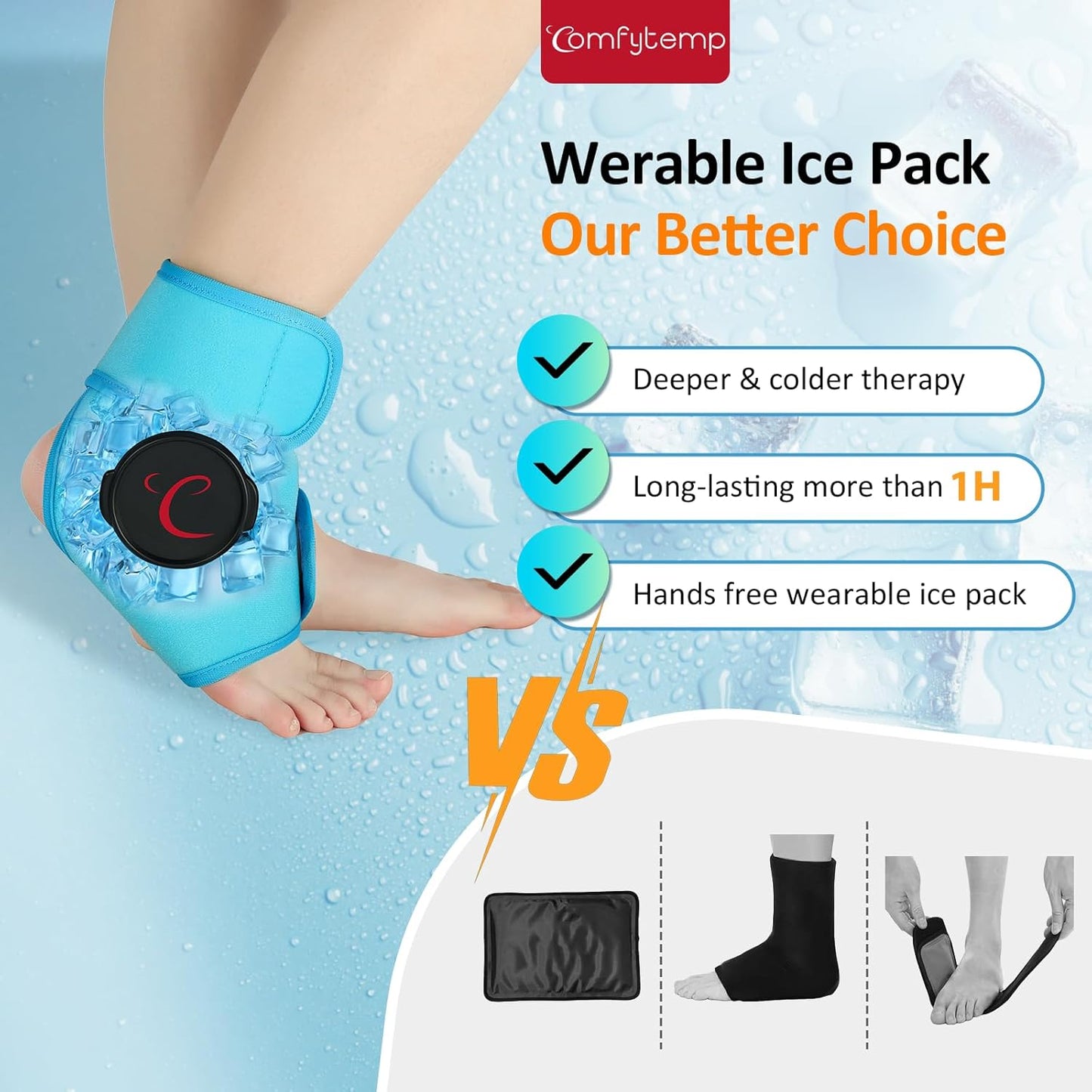 Comfytemp Ankle Ice Pack Wrap, Wearable Foot Ice Bags for Injuries Reusable, FSA HSA Eligible, 1H Long Lasting, Hot & Cold Therapy for Swelling, Achilles Tendonitis, Sprain, Arthritis, Athletes Foot