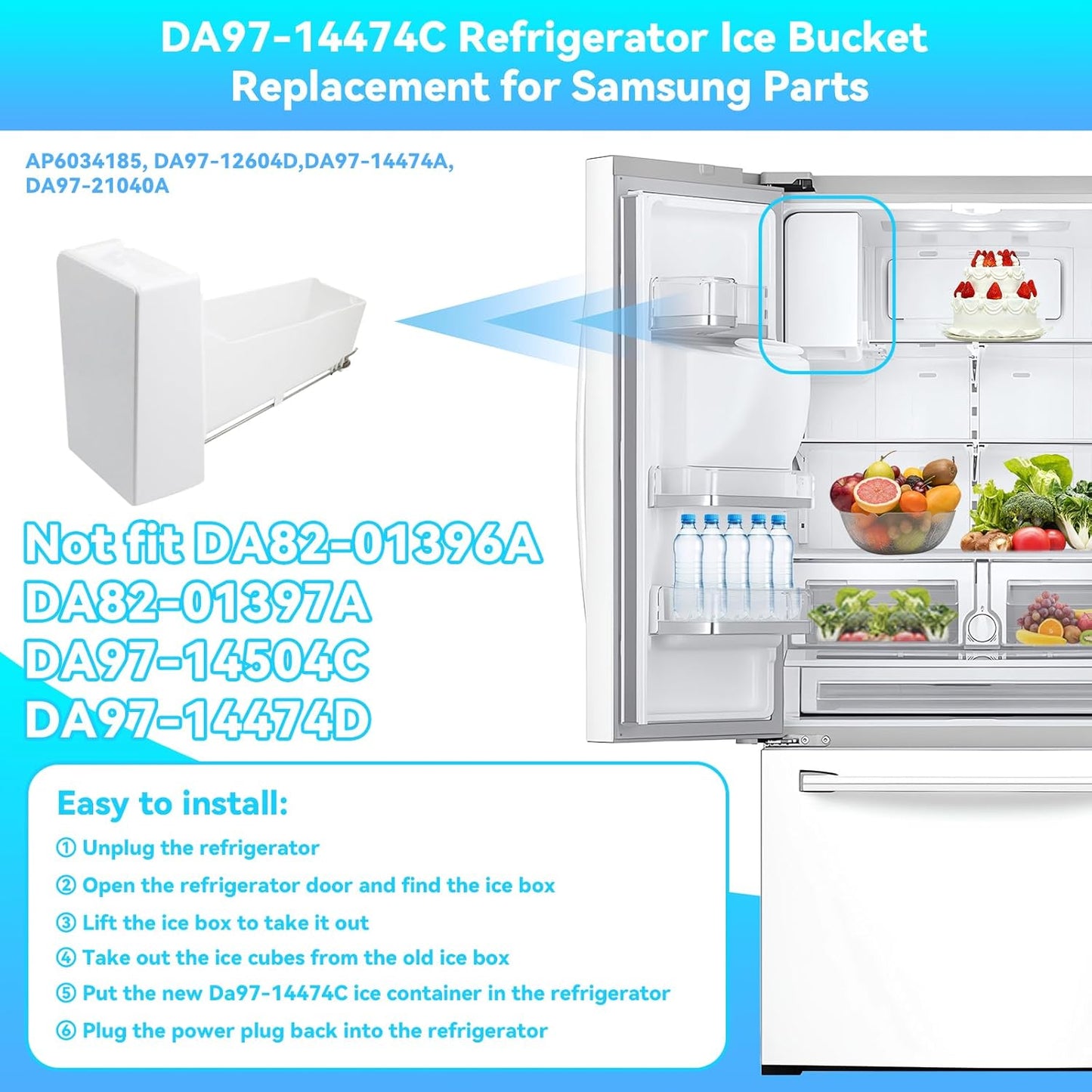 Upgraded DA97-14474A DA97-14474C-Refrigerator-Ice-Bucket-Tray-Assembly Replace AP6034185, DA97-12604D, DA97-21040A，Fit for Samsung RF25, RF26, RF28, RF263, RF265 Some Refrigerator Not Fit All