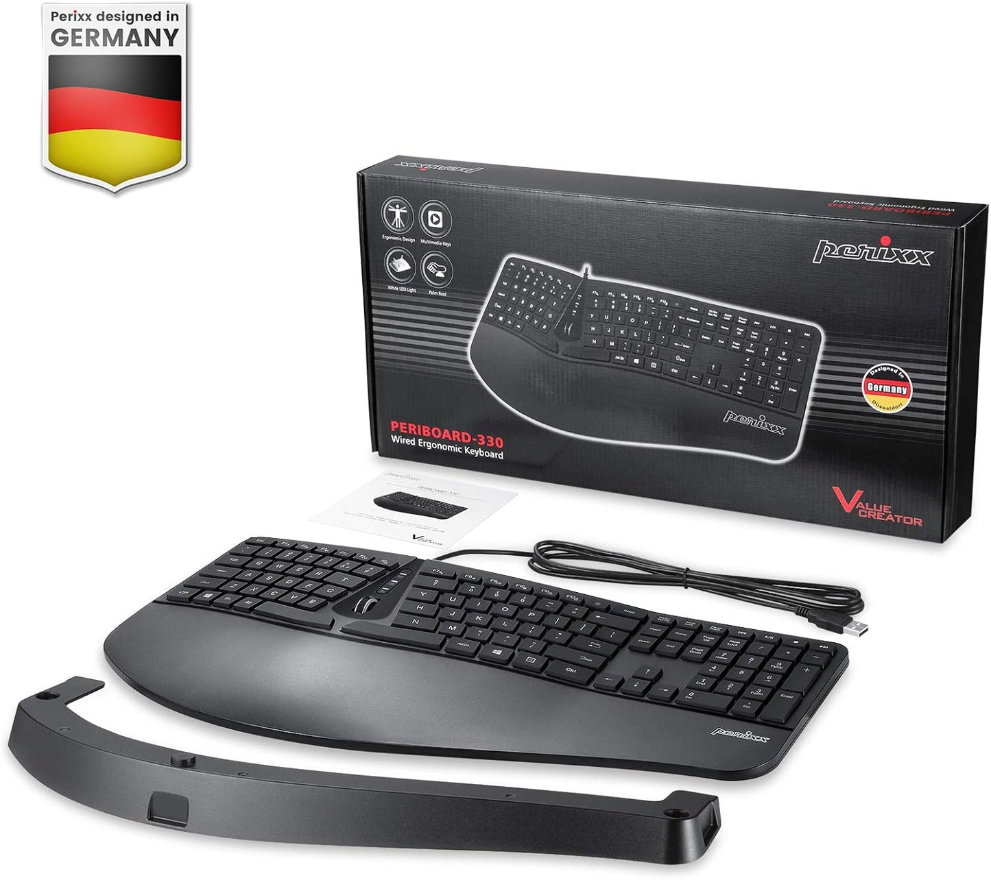 Perixx PERIBOARD-330B, Wired Ergonomic Keyboard with Adjustable Wrist Rest, Illuminated Keys, and Membrane Low Profile Keys, 2 Extra USB Ports, US English Layout