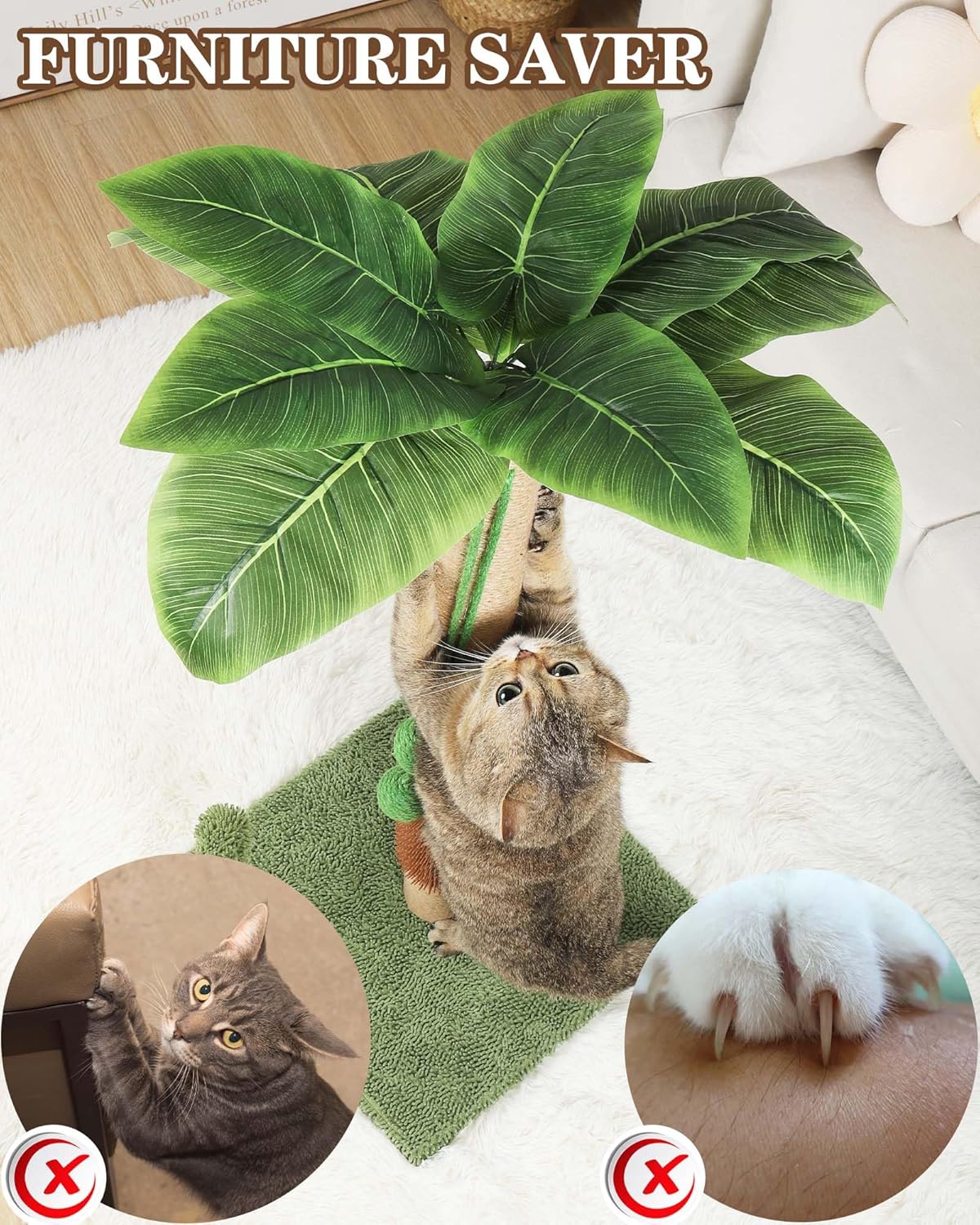 ANWA 35" Tall Cat Scratching Post for Kitten and Large Cats, Scratching Post for Indoor Cats with Self-Grooming Rubber Brush, Cat Sisal Post with Simulated Leaves