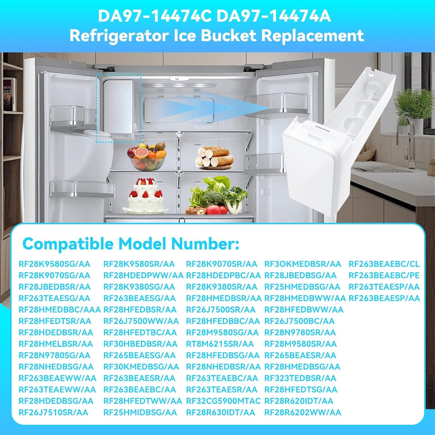 Upgraded DA97-14474A DA97-14474C-Refrigerator-Ice-Bucket-Tray-Assembly Replace AP6034185, DA97-12604D, DA97-21040A，Fit for Samsung RF25, RF26, RF28, RF263, RF265 Some Refrigerator Not Fit All