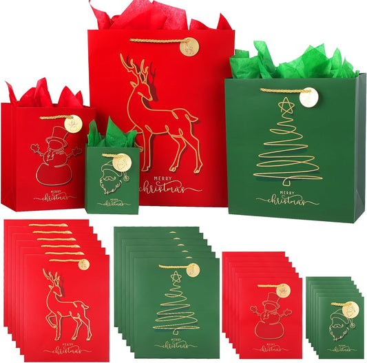 MIMIND 24 Pack Christmas Gift Bags Set Red & Green Paper Bags with Tags 24 Tissue Paper Metallic Xmas Design Holiday Gift Bags Assorted Sizes for Xmas Party(6 Extra Large, 6 Large, 6 Medium, 6 Small)