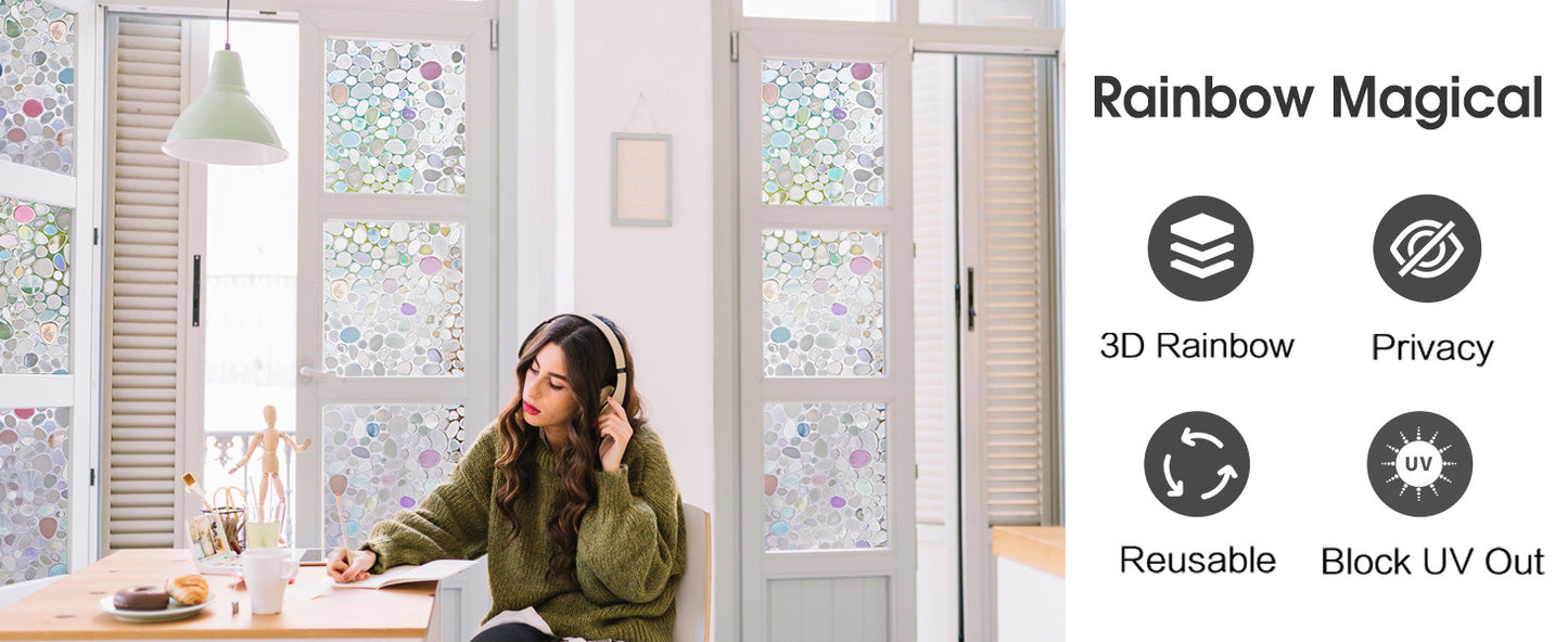 Viseeko Stained Glass Window Privacy Film：3D Pebble Decorative Rainbow Film Easy Install Colored Window Cling Non-Adhesive UV Protection 35.4x157inch
