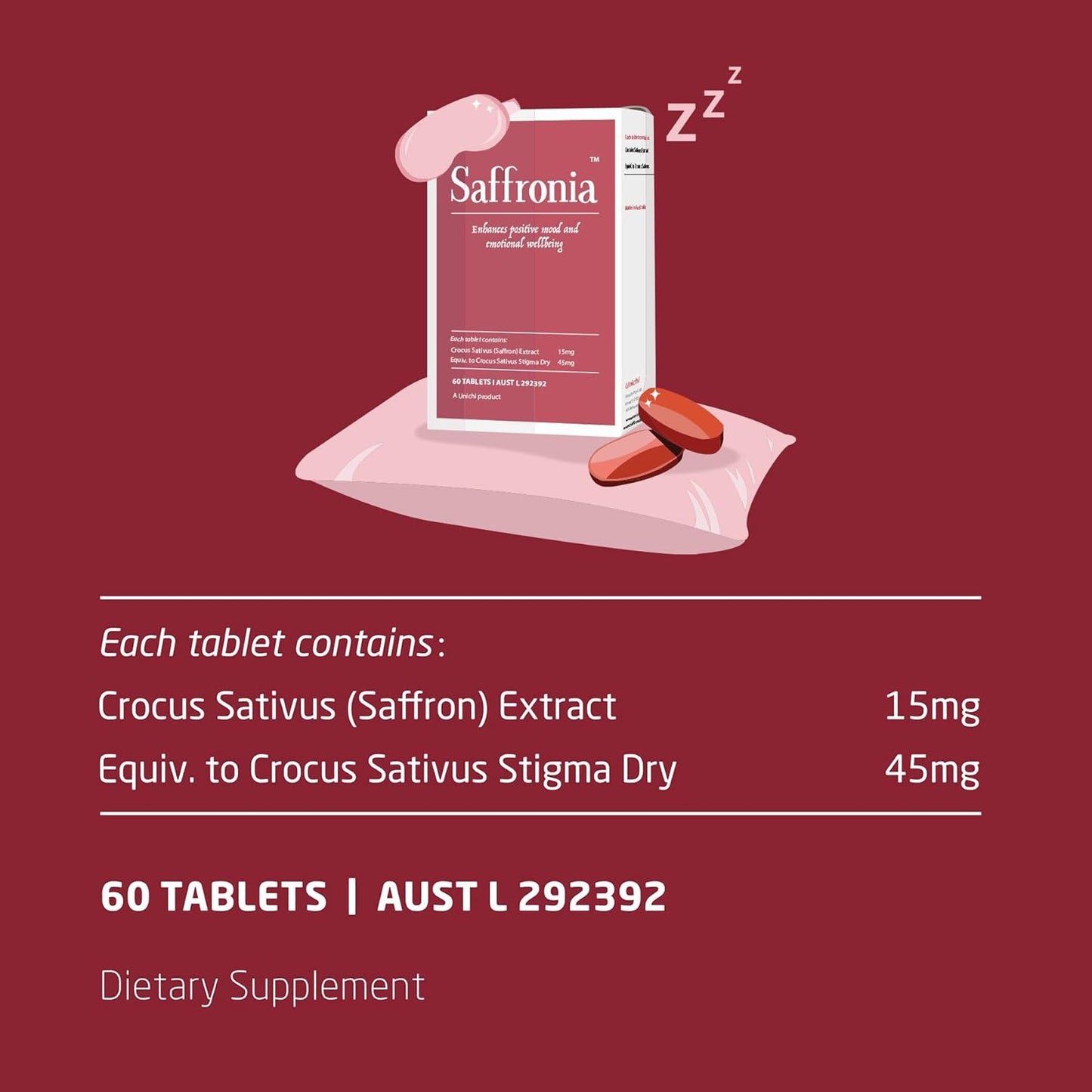 Unichi Saffron Supplement for Mood Balance Support, Stress Reduction and Deep Sleep Improvement, 60 Tablets