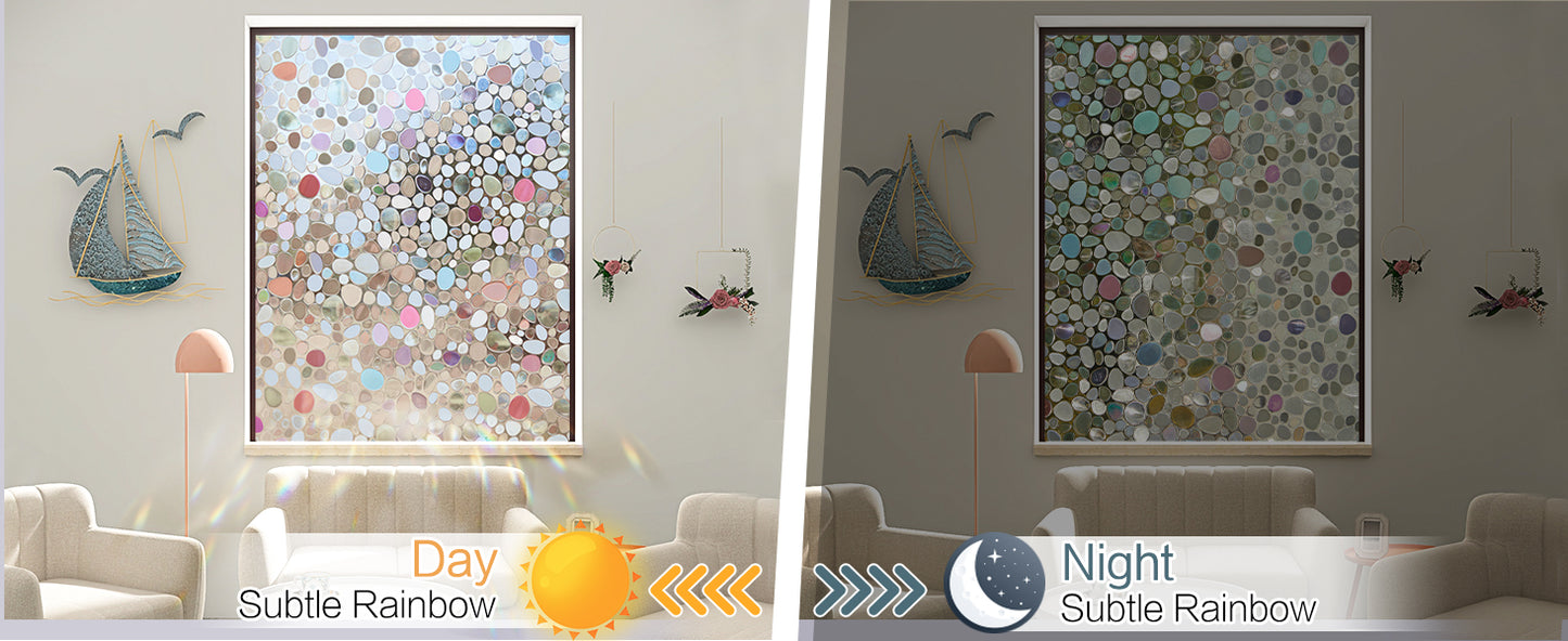 Viseeko Stained Glass Window Privacy Film：3D Pebble Decorative Rainbow Film Easy Install Colored Window Cling Non-Adhesive UV Protection 35.4x157inch