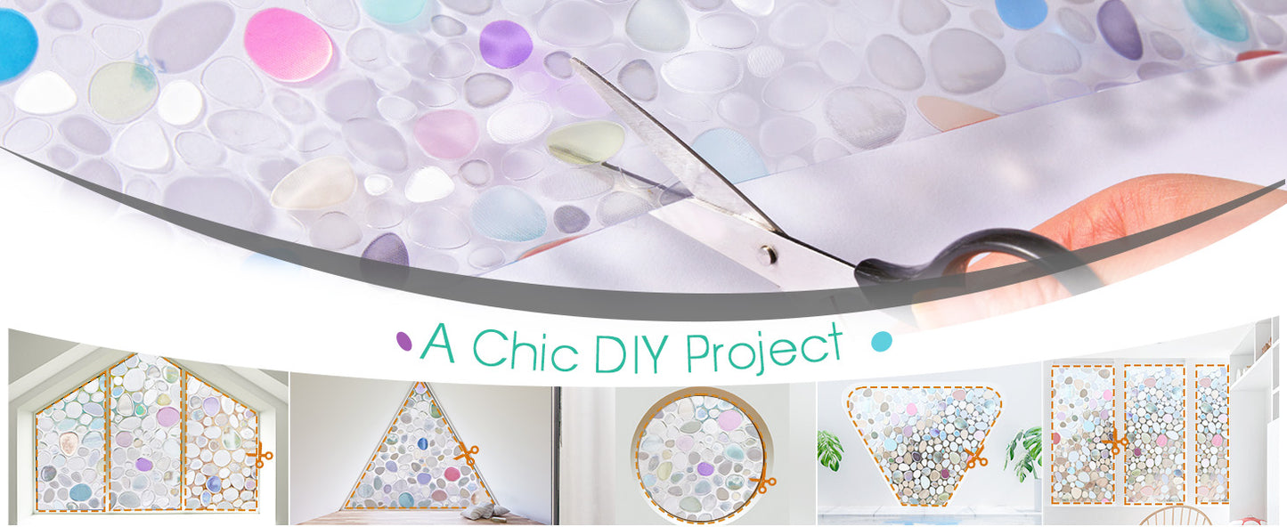 Viseeko Stained Glass Window Privacy Film：3D Pebble Decorative Rainbow Film Easy Install Colored Window Cling Non-Adhesive UV Protection 35.4x78.7inch